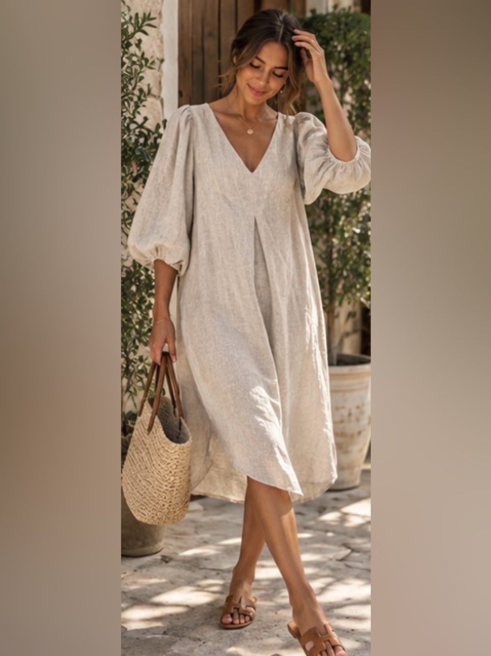 Cynthia Rowley Linen Blend Puff Sleeve V Neck Shift Dress resortwear Coastal